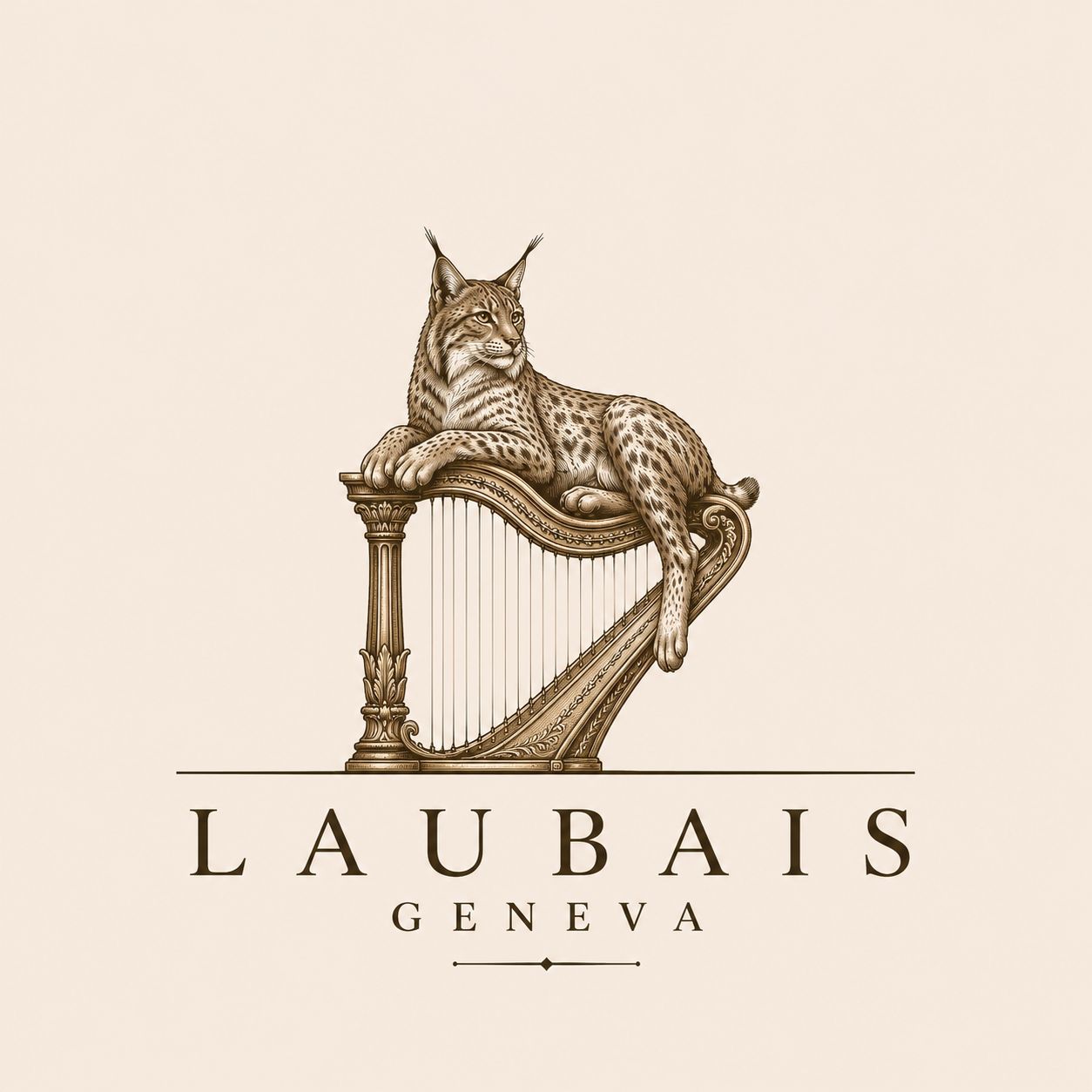 Laubais — a lynx resting upon an ornate harp